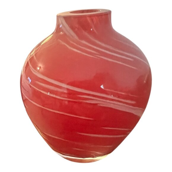 Vintage Hand Blown Art Glass Bud Vase Swirled Red & White 3" X 3.5" Decorative - Picture 3 of 6